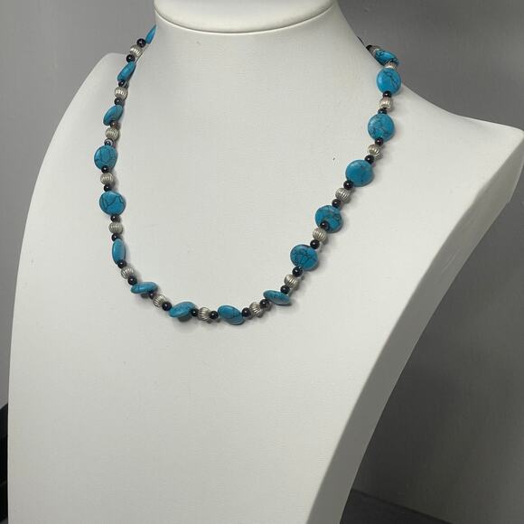 beaded necklace costume jewelry turquoise color dyed stone trendy boho bohemian - Picture 5 of 8